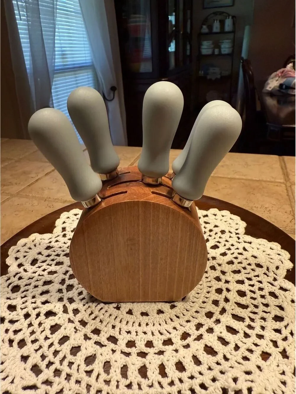 39. Wood Block With 5 Stainless Steel, Blue Handled Cheese Utensils